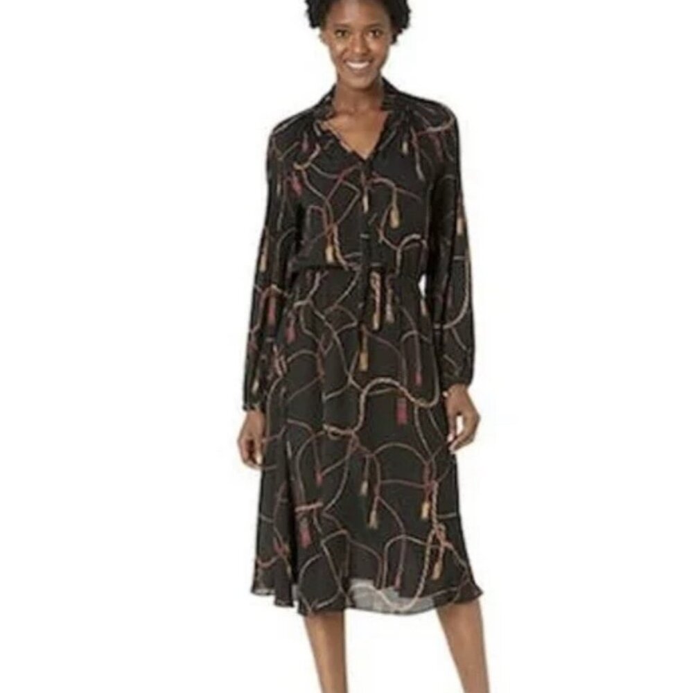 Lauren Ralph Lauren Black Tassel-Print Georgette Neck Tie Dress Sz 14 Office